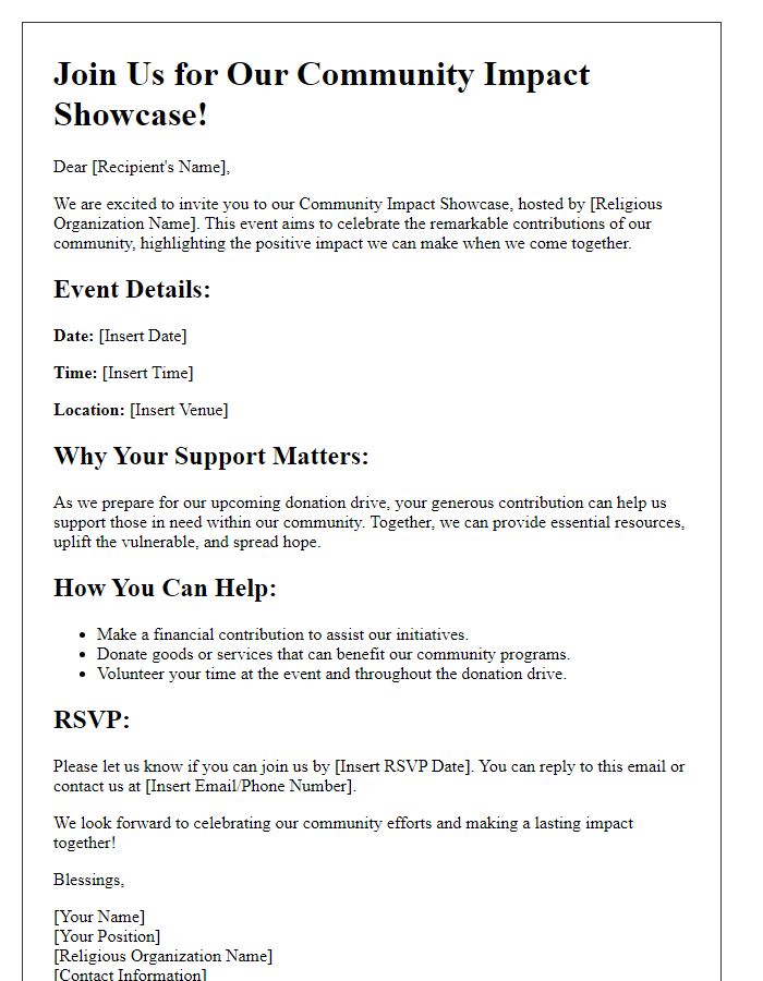 Letter template of community impact showcase for religious organization donation drive