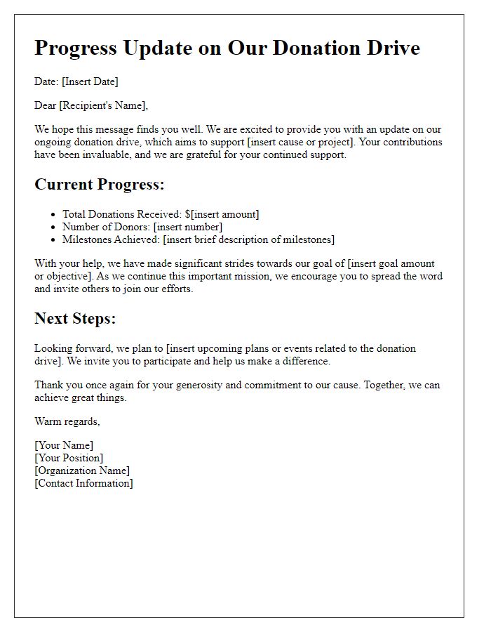 Letter template of progress update for ongoing religious organization donation drive