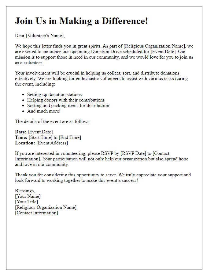 Letter template of volunteer invitation for religious organization donation drive