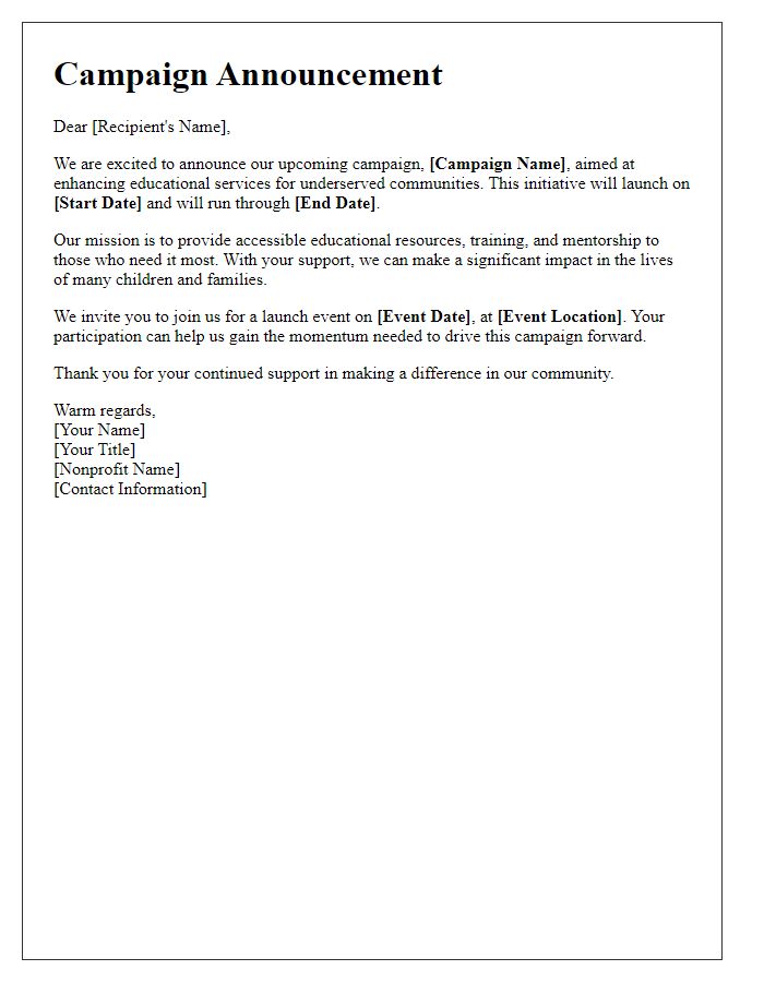 Letter template of campaign announcement for nonprofit educational services