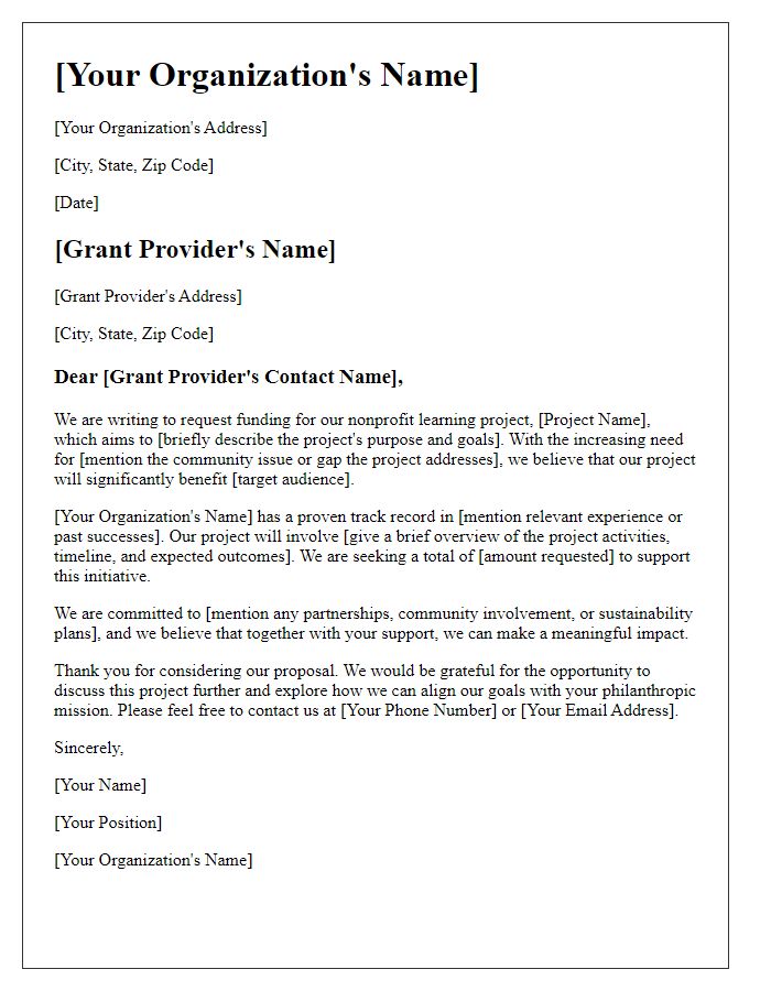 Letter template of grant proposal for nonprofit learning project