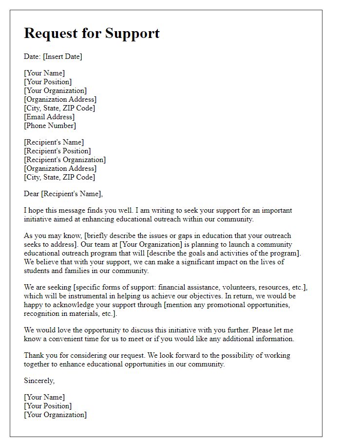 Letter template of support request for community educational outreach