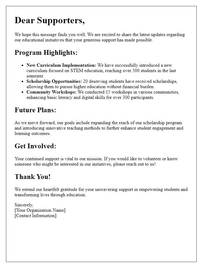 Letter template of update report for supporters of educational initiatives