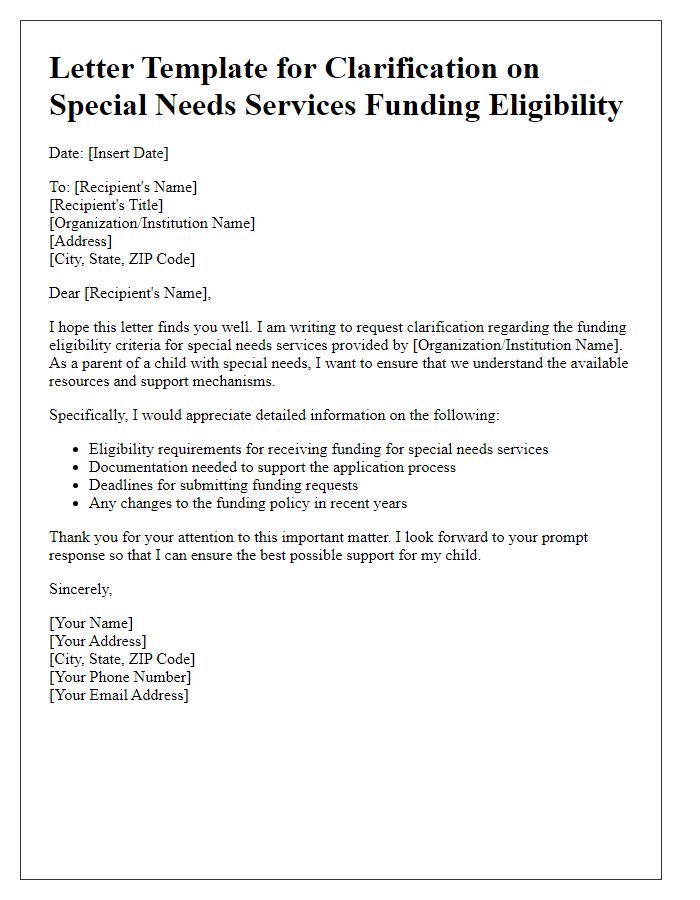 Letter template of clarification on special needs services funding eligibility