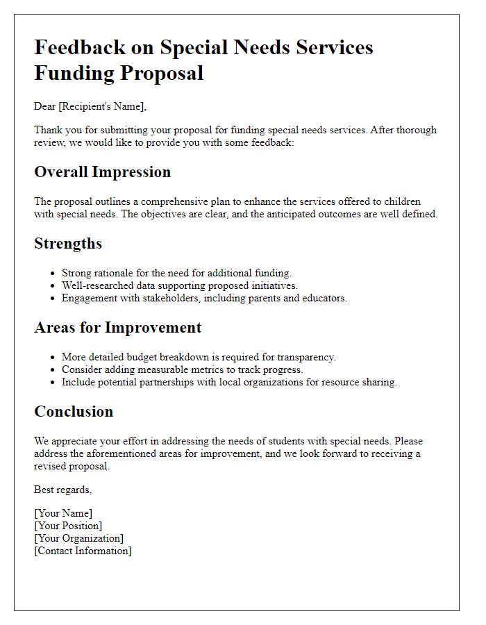 Letter template of feedback on special needs services funding proposal