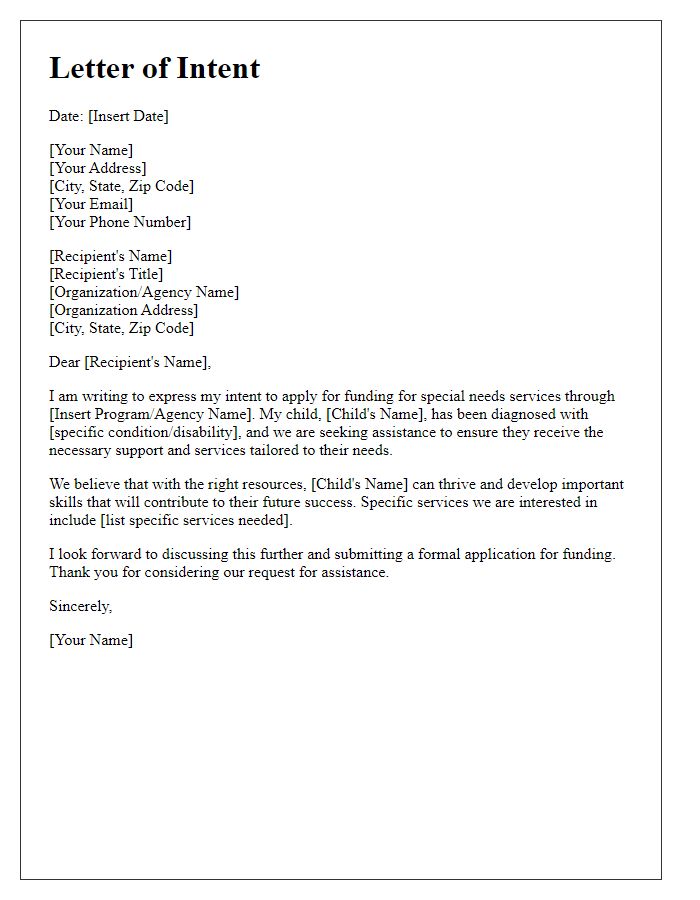 Letter template of intent to apply for special needs services funding