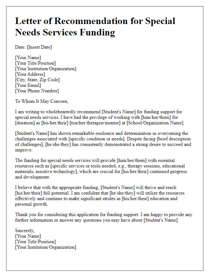 Letter template of recommendation for special needs services funding