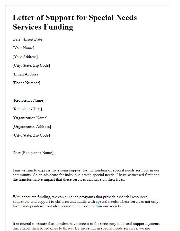 Letter template of support for special needs services funding