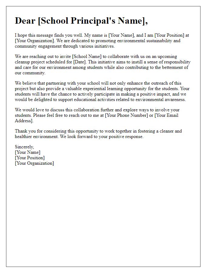 Letter template of collaboration appeal with schools for cleanup projects