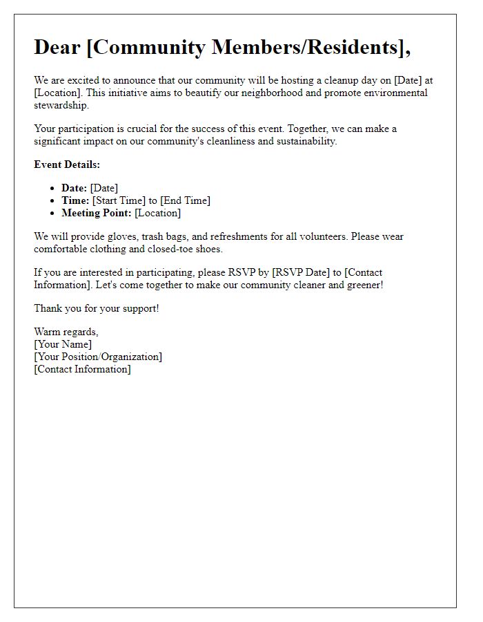 Letter template of community outreach for promoting cleanup activities