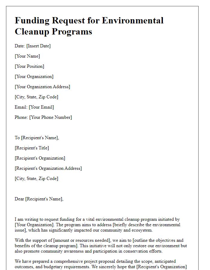 Letter template of funding request for environmental cleanup programs