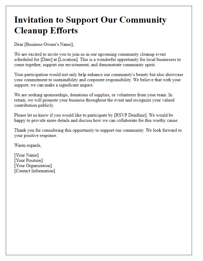 Letter template of invitation to local businesses for supporting cleanup efforts