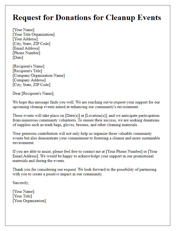 Letter template of request for donations of supplies for cleanup events