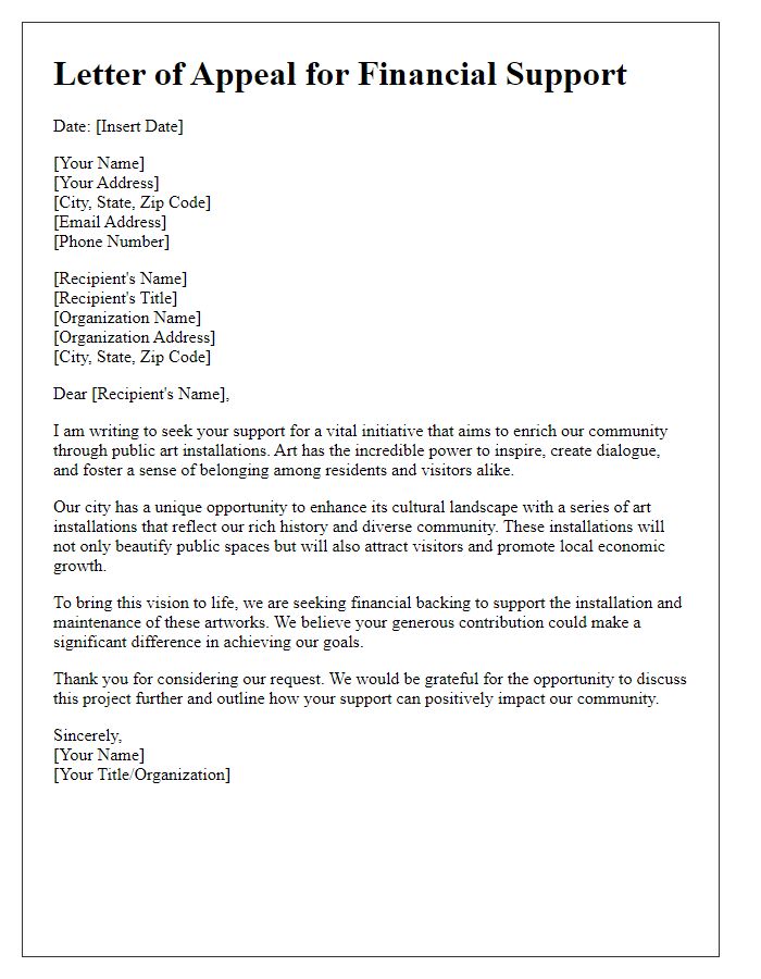 Letter template of appeal for financial backing of city art installations