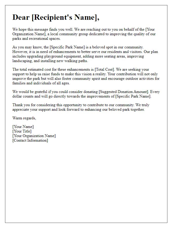 Letter template of fundraising request for public park enhancements