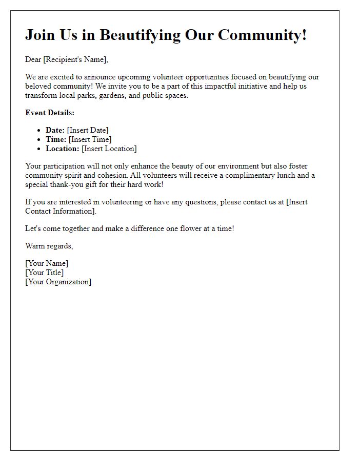 Letter template of promotional message for volunteer opportunities in beautification