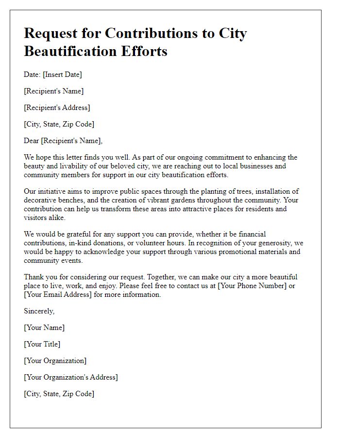 Letter template of request for contributions to city beautification efforts