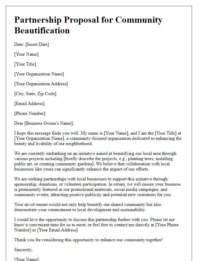 Letter template of solicitation for local business partnerships in beautification