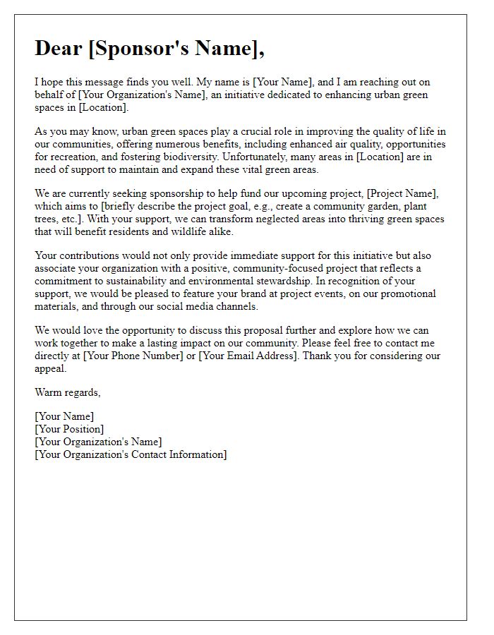 Letter template of sponsorship appeal for urban green space initiatives