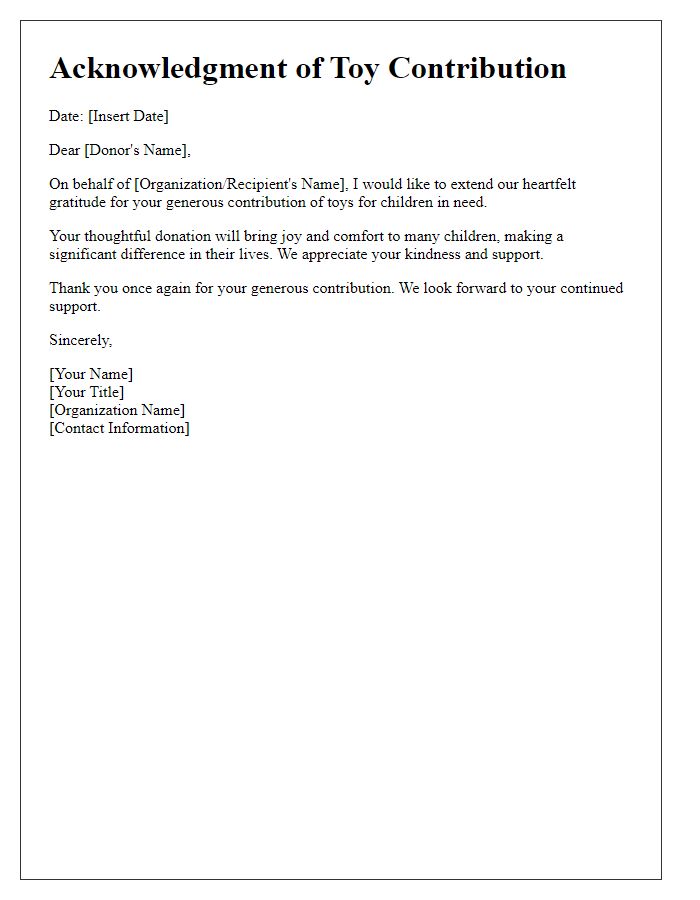 Letter template of acknowledgment for childrens toy contribution