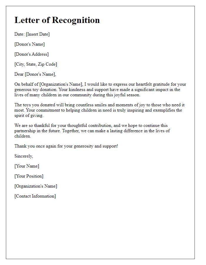 Letter template of recognition for charitable toy donations for children