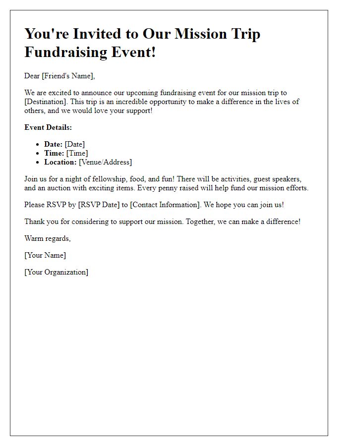 Letter template of fundraising event invitation for mission trip