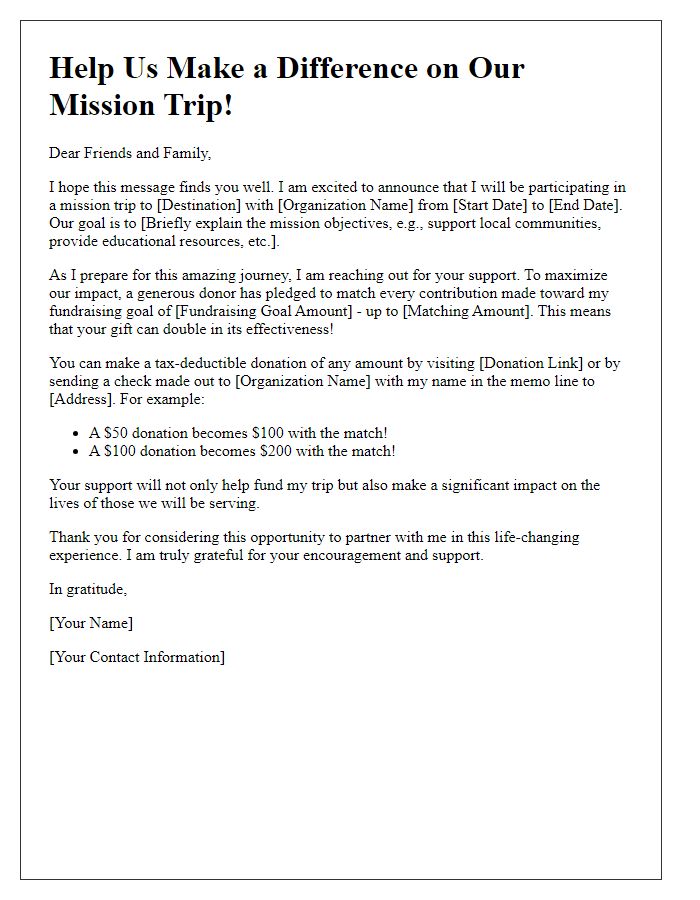 Letter template of matching gift challenge for mission trip support