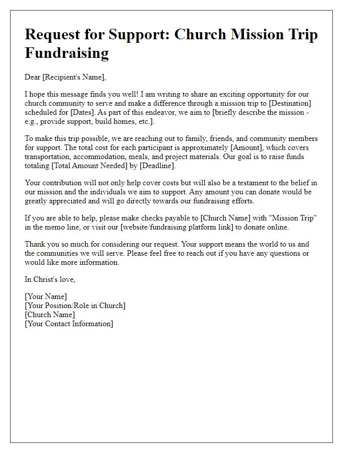 Letter template of support request for church mission trip fundraising