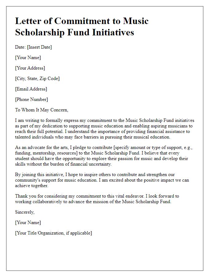 Letter template of commitment to music scholarship fund initiatives