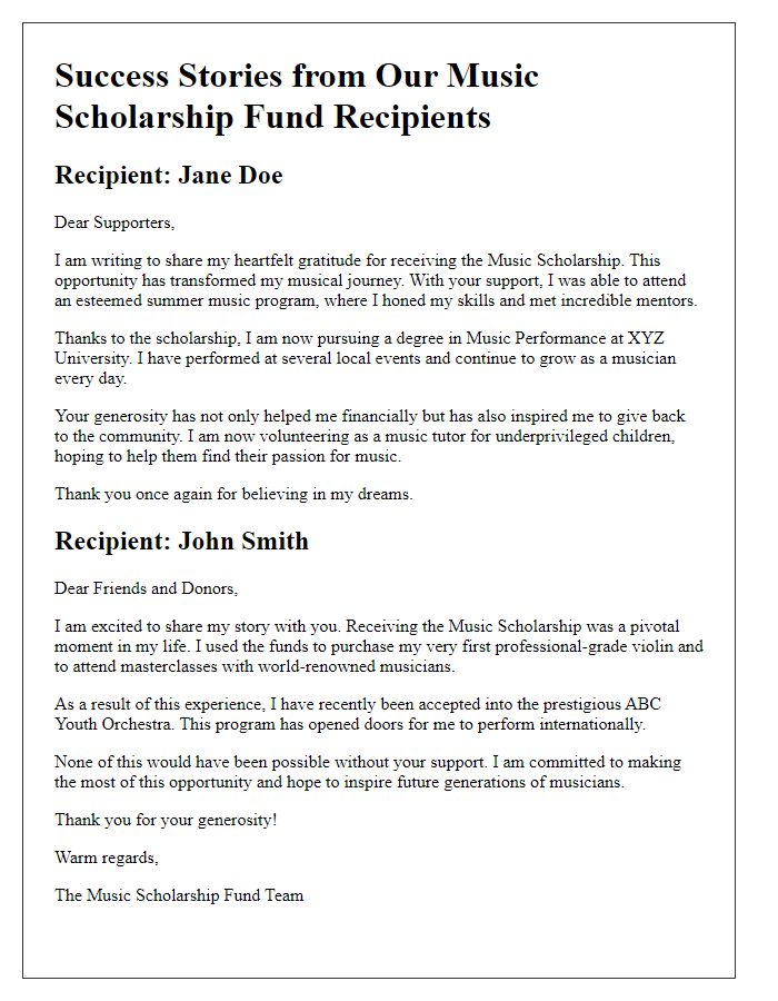 Letter template of success stories from music scholarship fund recipients