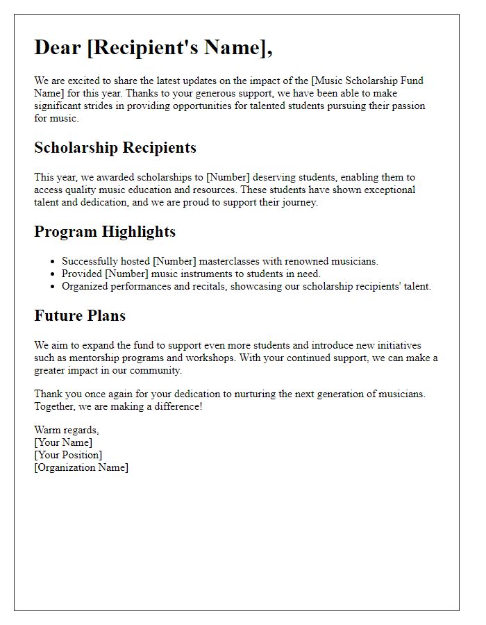 Letter template of updates on music scholarship fund impact