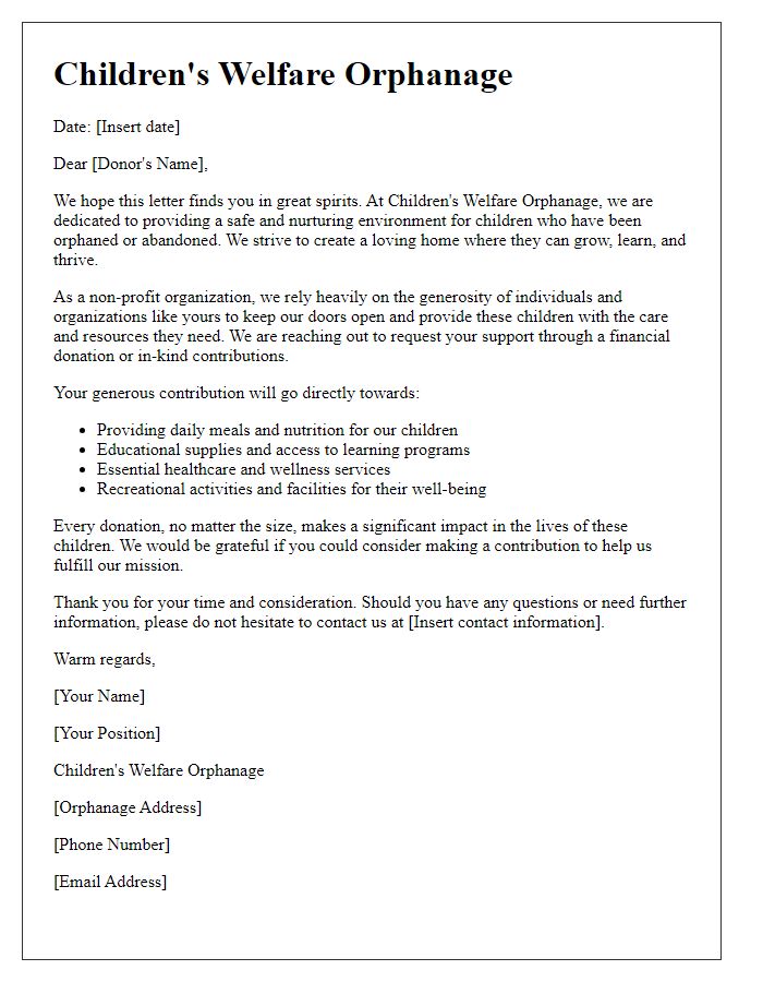 Letter template of children's welfare orphanage donation request