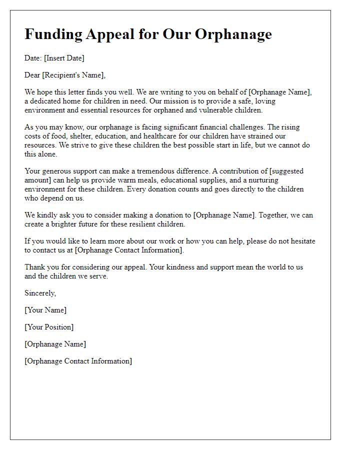 Letter template of dedicated orphanage funding appeal