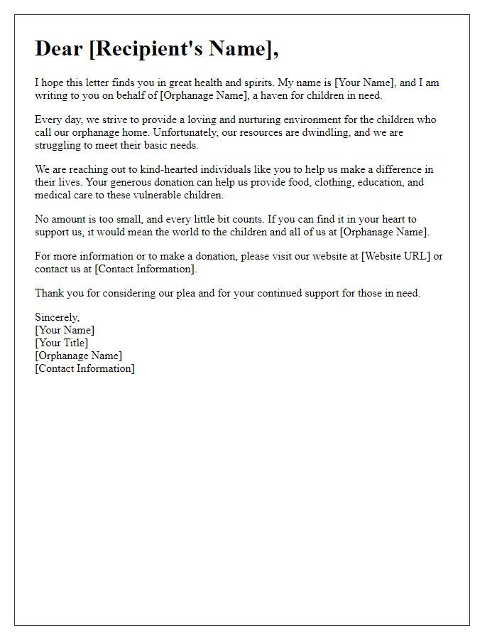 Letter template of heartfelt plea for orphanage support donations