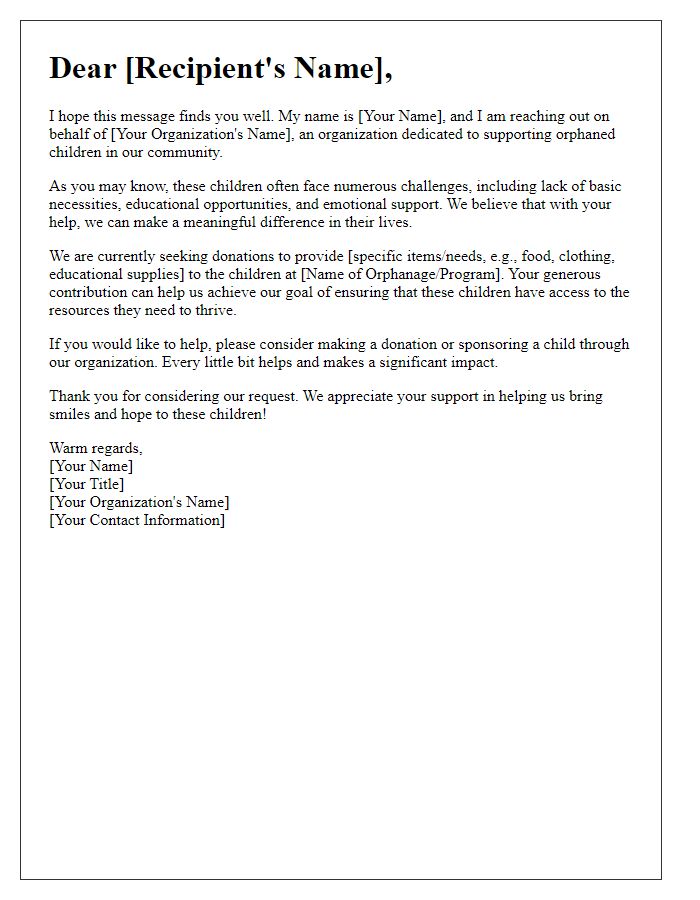 Letter template of outreach for orphanage help and donations