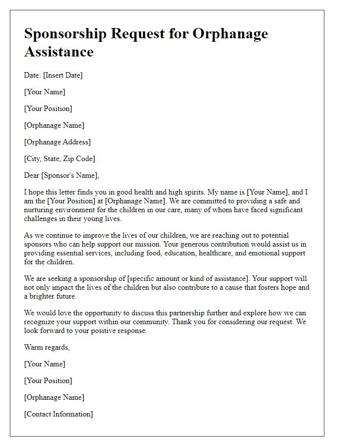 Letter template of sponsorship request for orphanage assistance