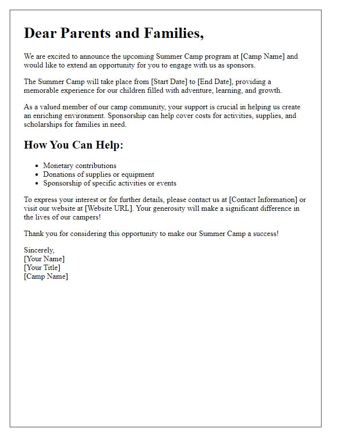 Letter template of summer camp sponsorship engagement for parents and families.