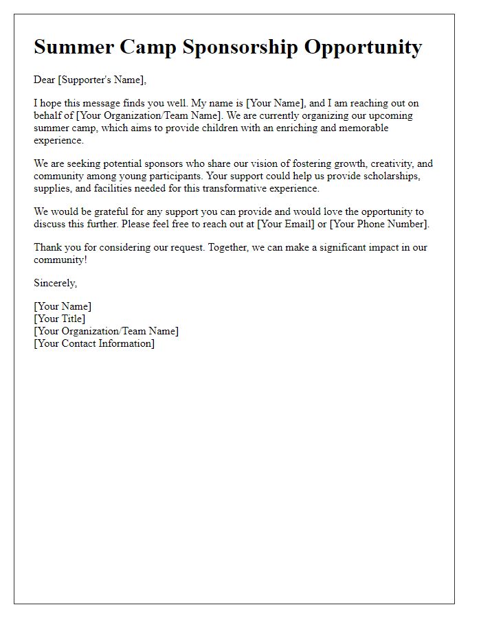 Letter template of summer camp sponsorship inquiry for potential supporters.