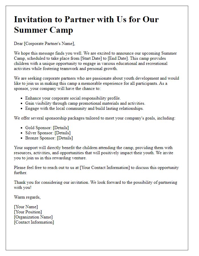 Letter template of summer camp sponsorship invitation for corporate partners.