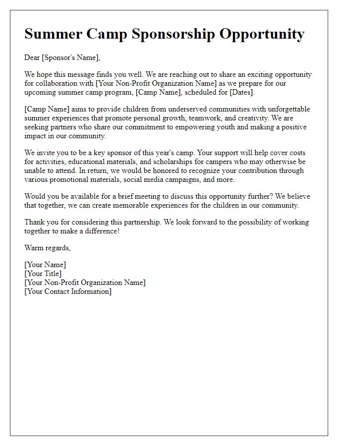 Letter template of summer camp sponsorship outreach for non-profit collaborations.