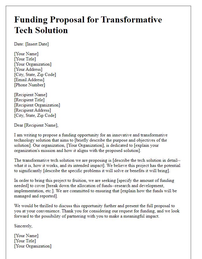 Letter template of funding proposal for a transformative tech solution