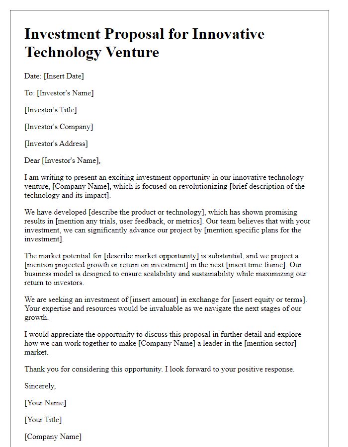 Letter template of proposal for investment in an innovative technology venture