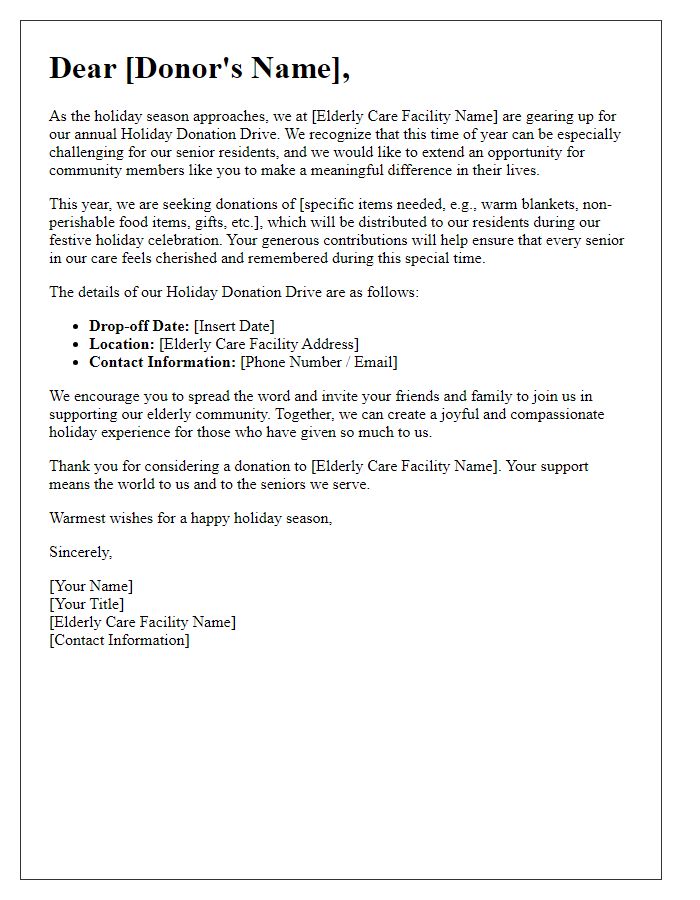 Letter template of holiday donation drive for elderly care facility