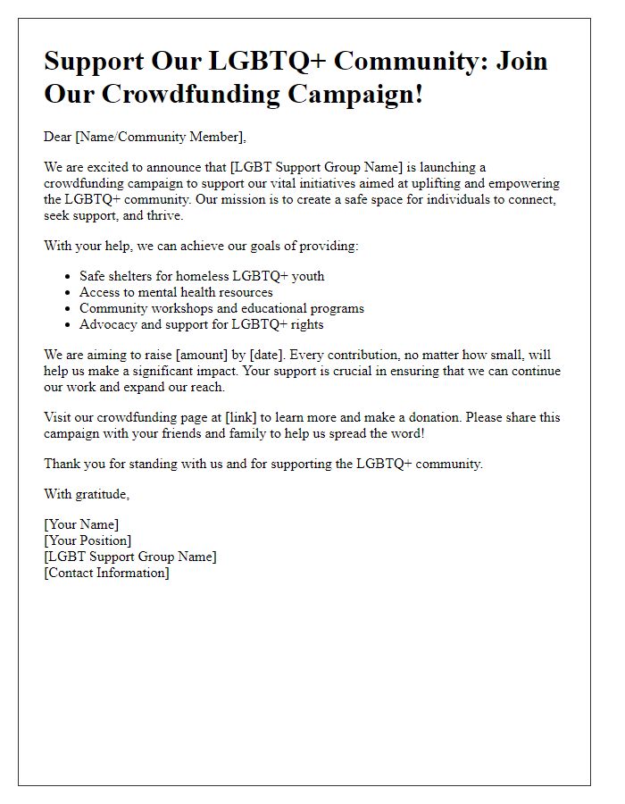 Letter template of LGBT support group crowdfunding campaign