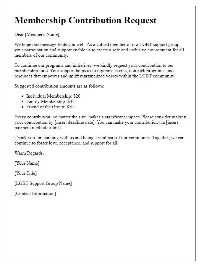 Letter template of LGBT support group membership contribution request