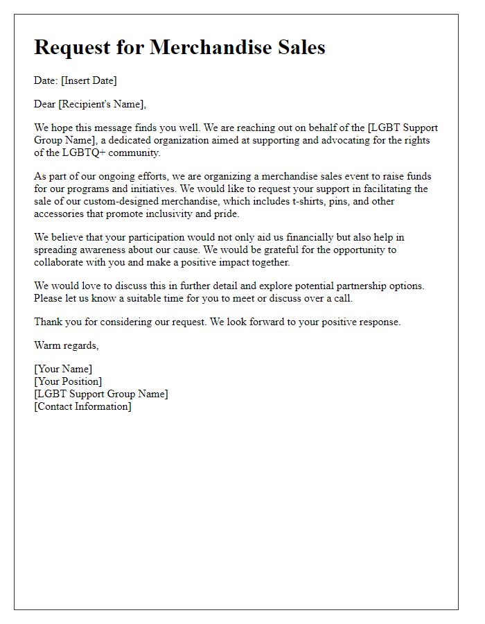 Letter template of LGBT support group merchandise sales request