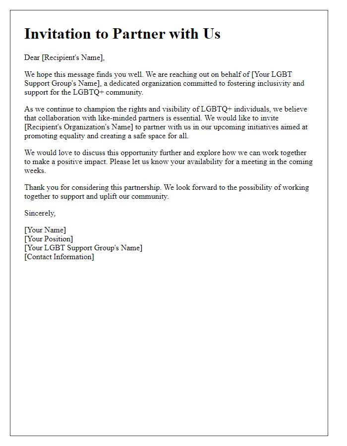 Letter template of LGBT support group partnership invitation