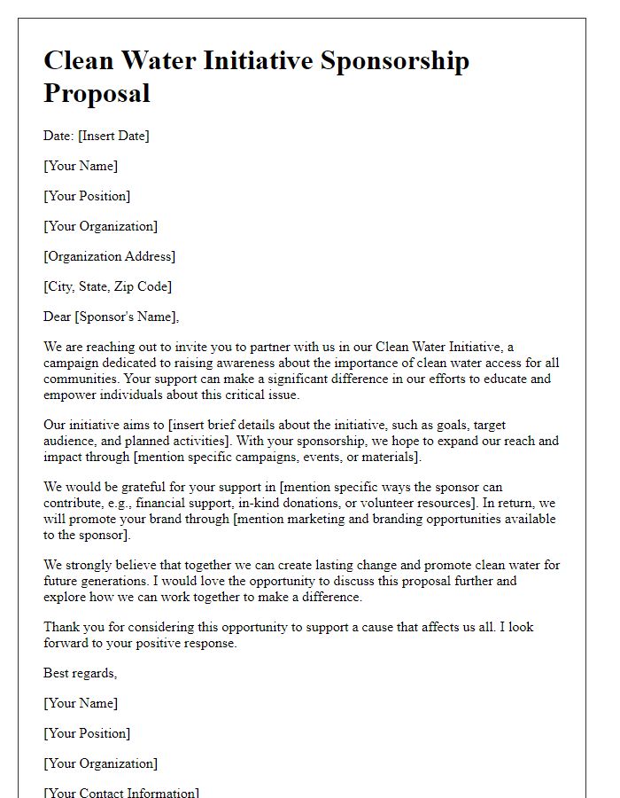 Letter template of clean water initiative sponsorship for awareness campaigns.