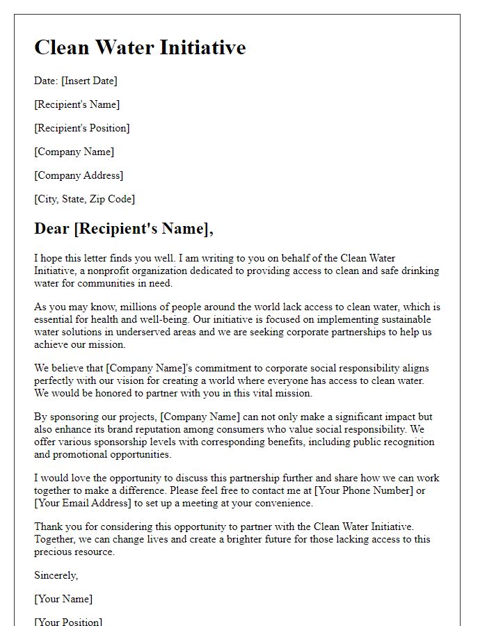 Letter template of clean water initiative sponsorship for corporate partnerships.