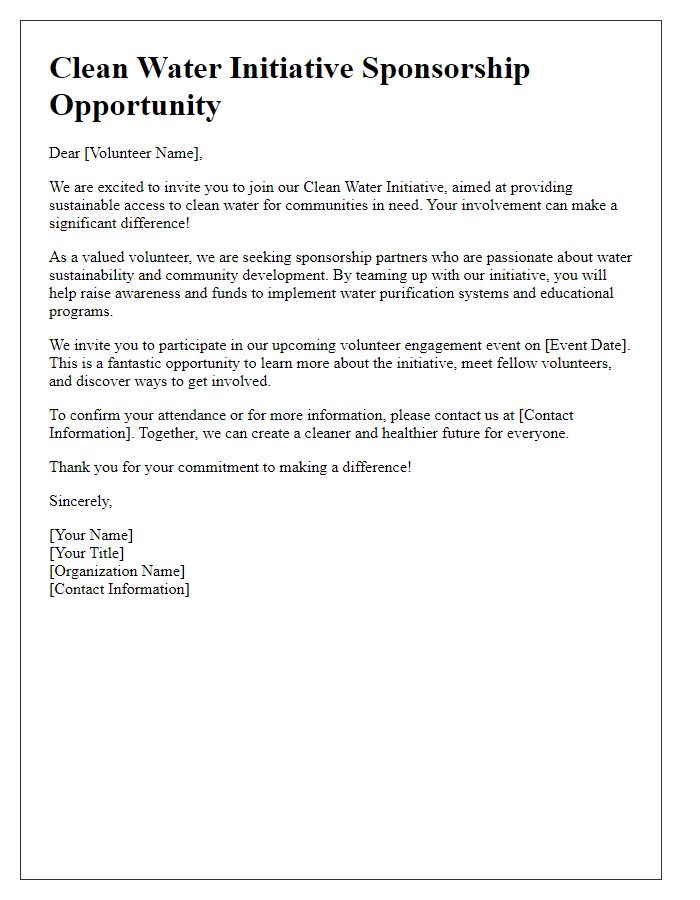 Letter template of clean water initiative sponsorship to engage volunteers.